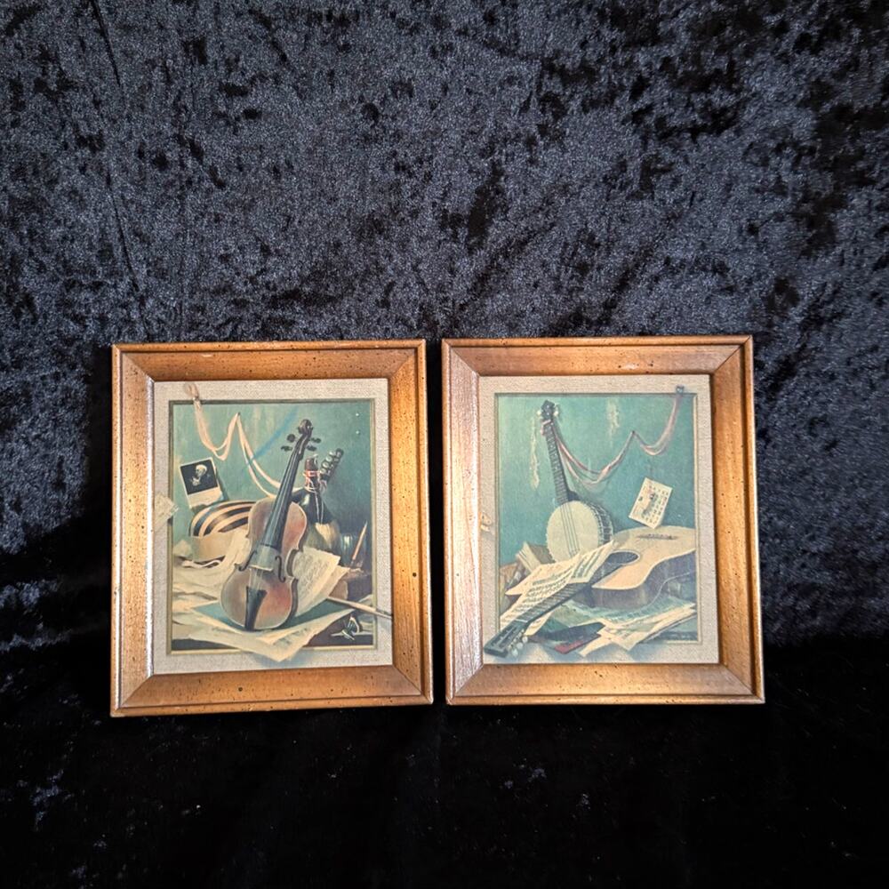 Framed Musical Lithograph Wall Art | String Instruments | Vintage Prints